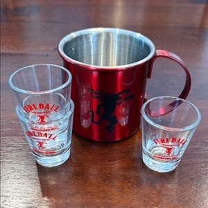 FIREBALL red metal mug + shot glasses set